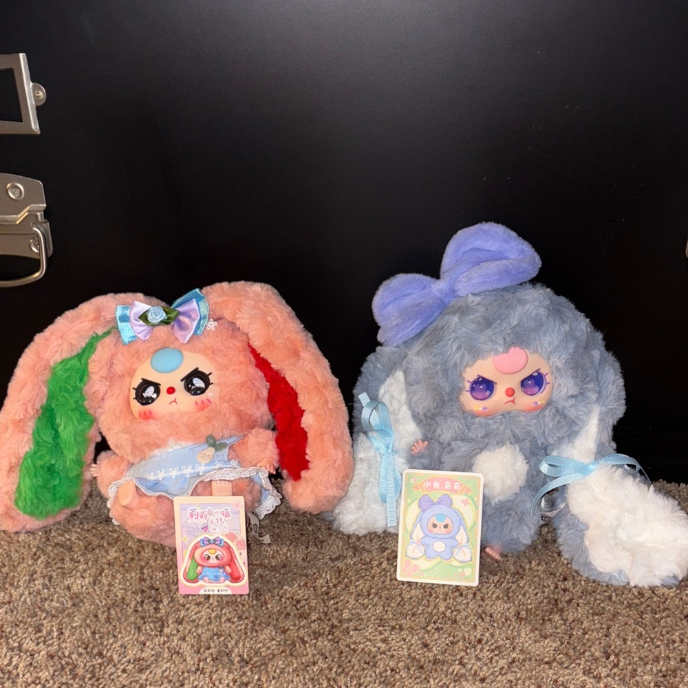 Baby Three Bunnies - special eyes on both Cute Plush Bunny Toys with Bows